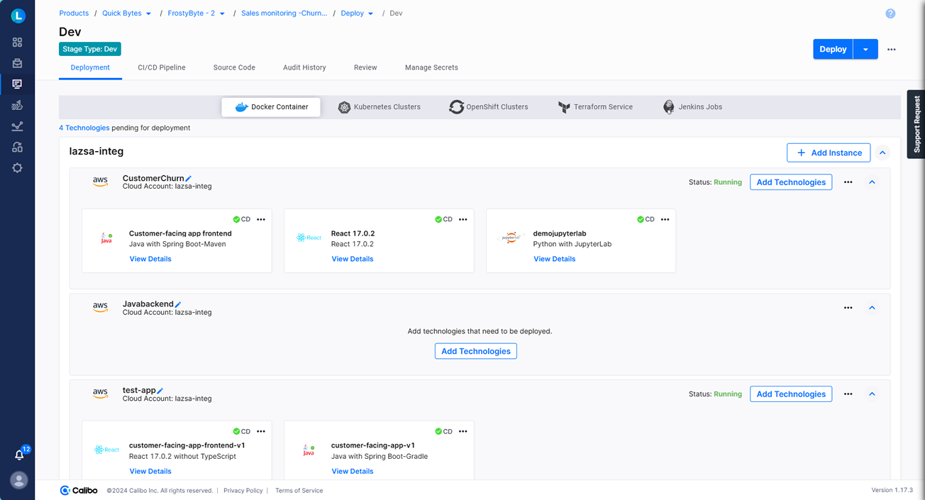 deployment monitoring with Calibo