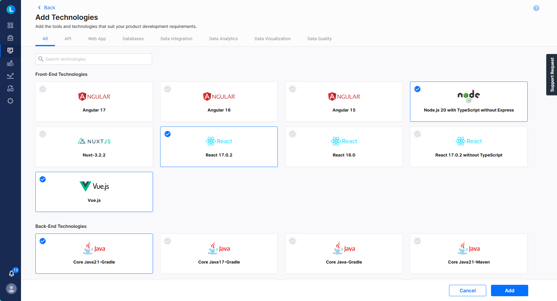 Calibo platform how to add technologies